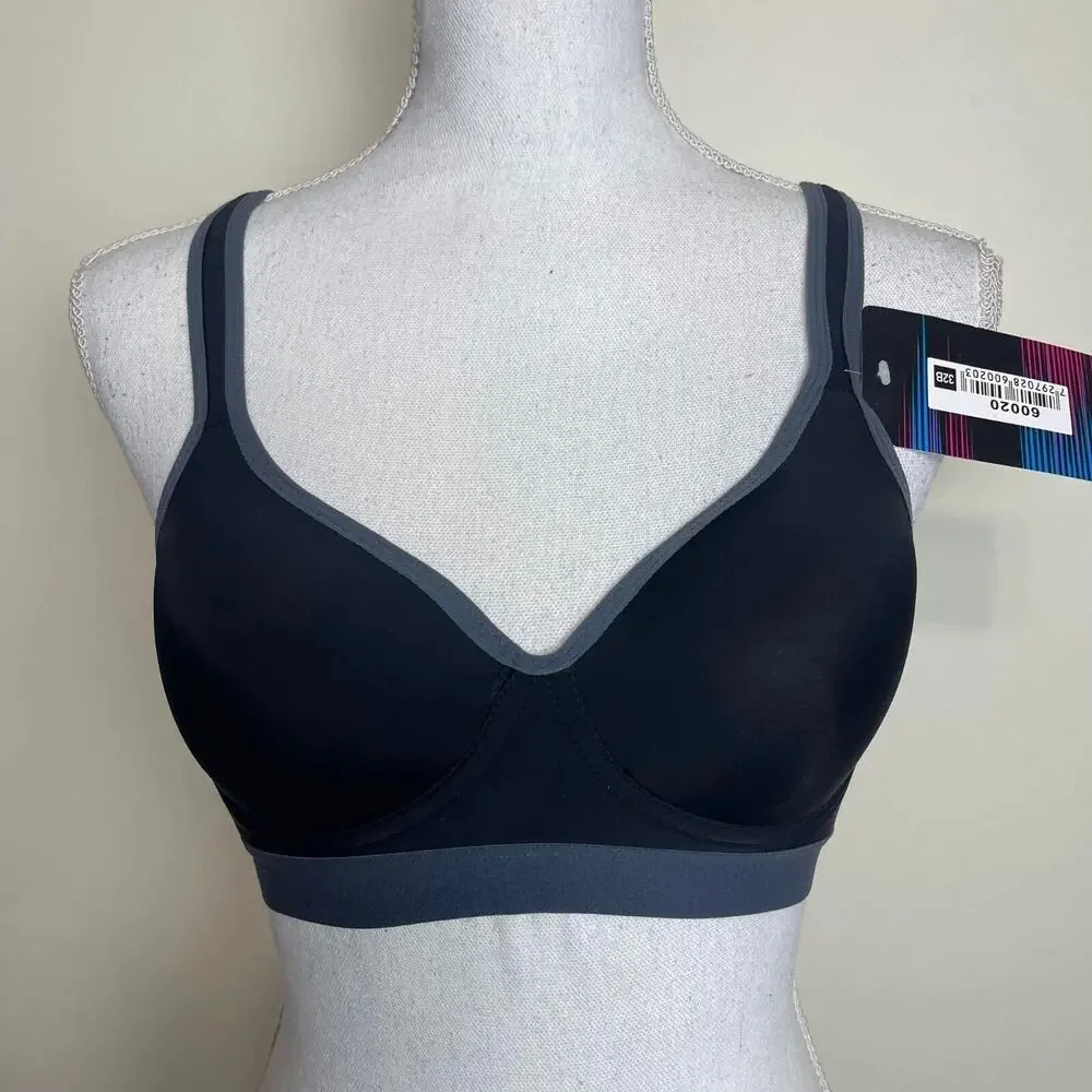 SIZE 32B Youmita Athletic Sports Bra PADDED Wireless Keyhole Racerback BLACK-GRY